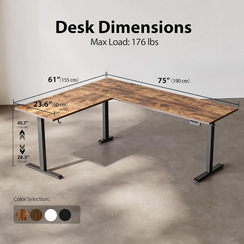 L Shaped Electric Standing Desk 75x61 Sit Stand Brown