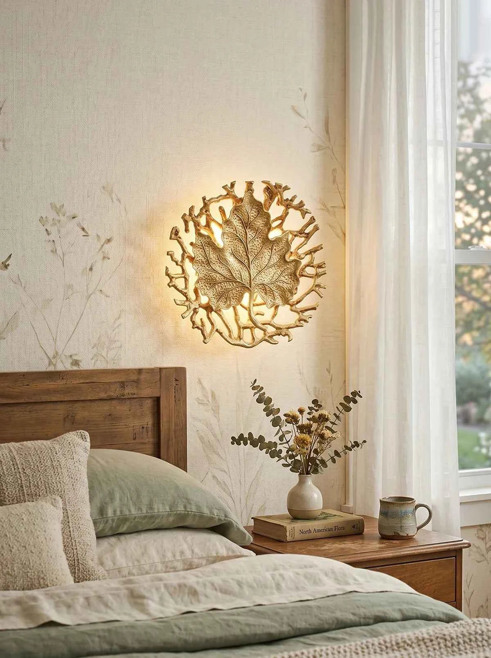 Leaf-Shaped Brass Biophilic Wall Lamp