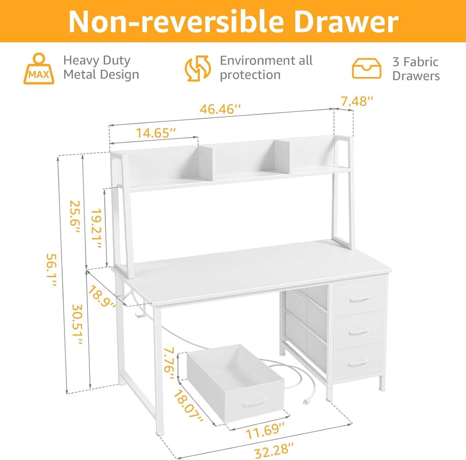 Modern White Computer Desk with Hutch and Drawers