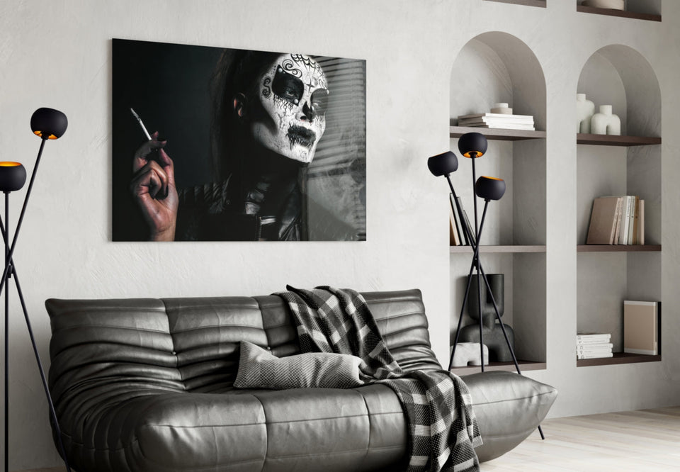 Sugar Skull Smoking Woman Glass Wall Art