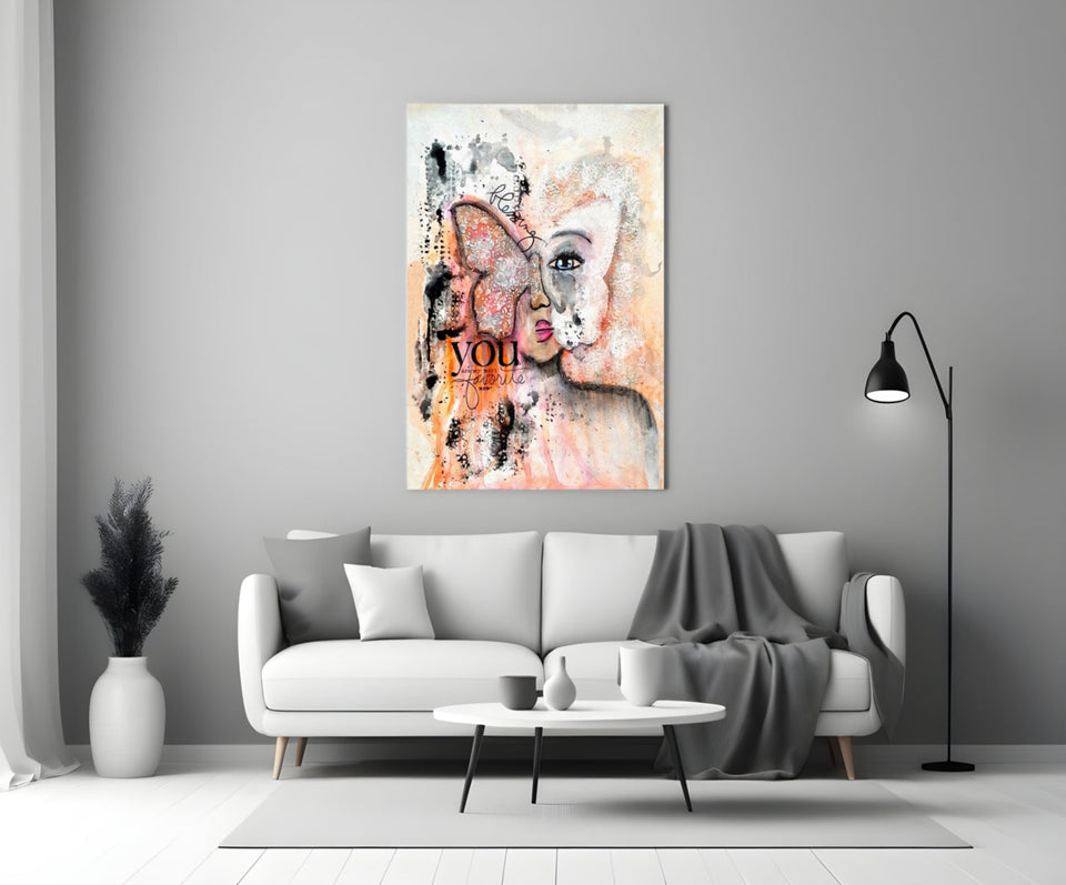 Peach Butterfly Collage Woman Glass Wall Art