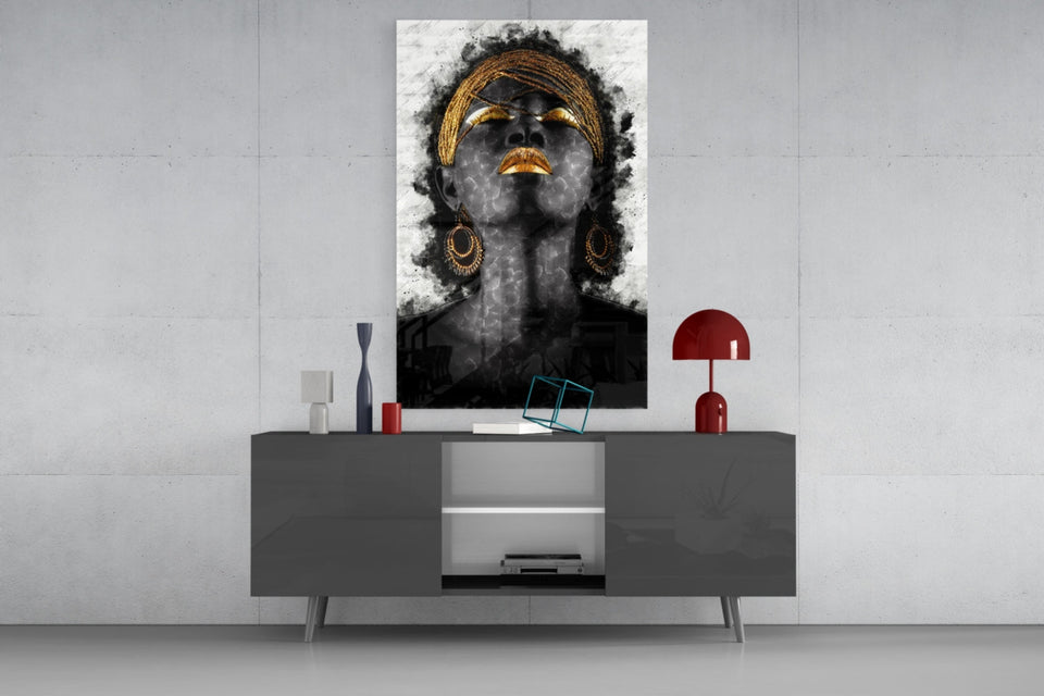 Gold Lips Woman Portrait White Glass Wall Art