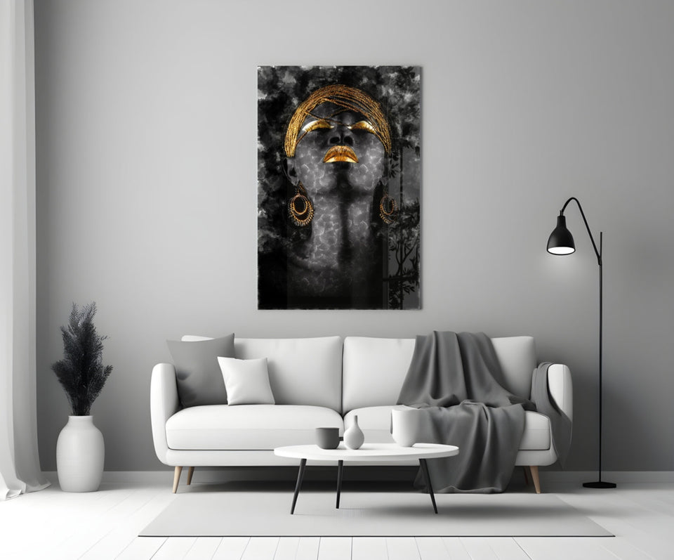 Gold Headdress Woman Portrait Black Glass Wall Art