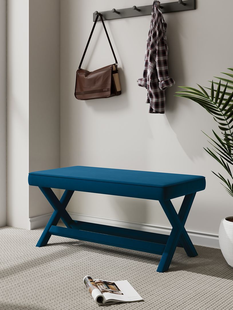 Abigail Mid-Century Modern Velvet Upholstered Double Bench in Gray in Blue