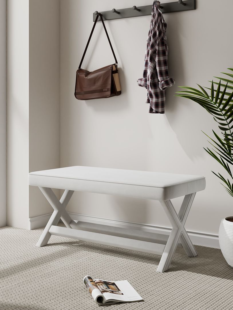 Abigail Mid-Century Modern Velvet Upholstered Double Bench in Gray in Cream
