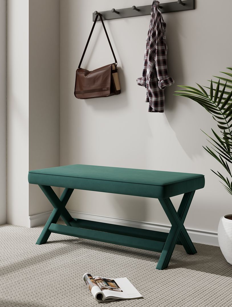 Abigail Mid-Century Modern Velvet Upholstered Double Bench in Gray in Forest Green