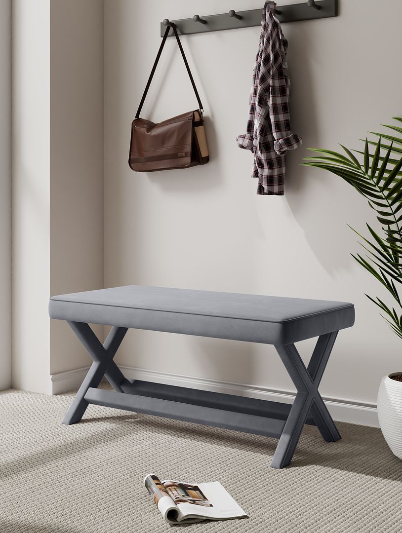 Abigail Mid-Century Modern Velvet Upholstered Double Bench in Gray