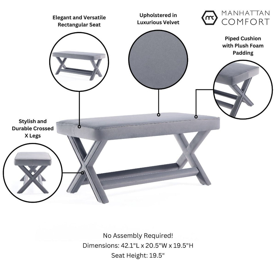 Abigail Mid-Century Modern Velvet Upholstered Double Bench in Gray