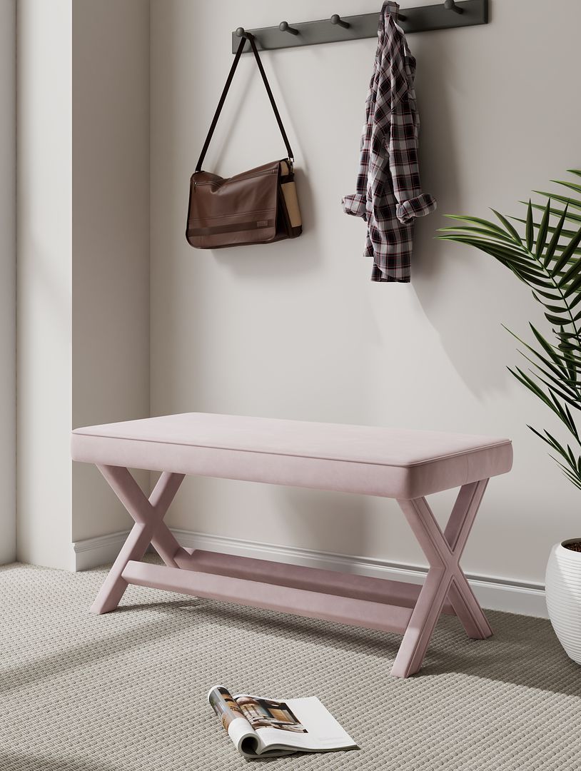 Abigail Mid-Century Modern Velvet Upholstered Double Bench in Gray in Pink