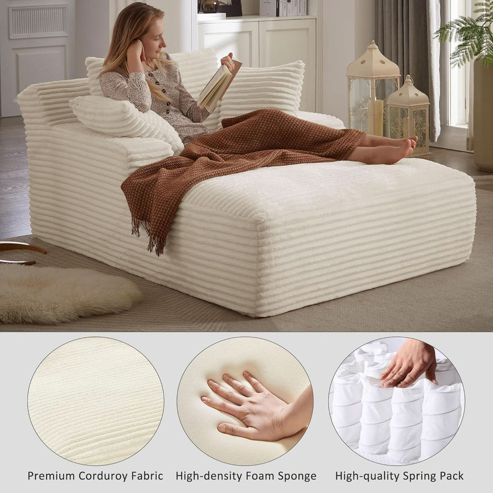 50-Inch Oversized Corduroy Chaise Lounge Chair in White with Pillows