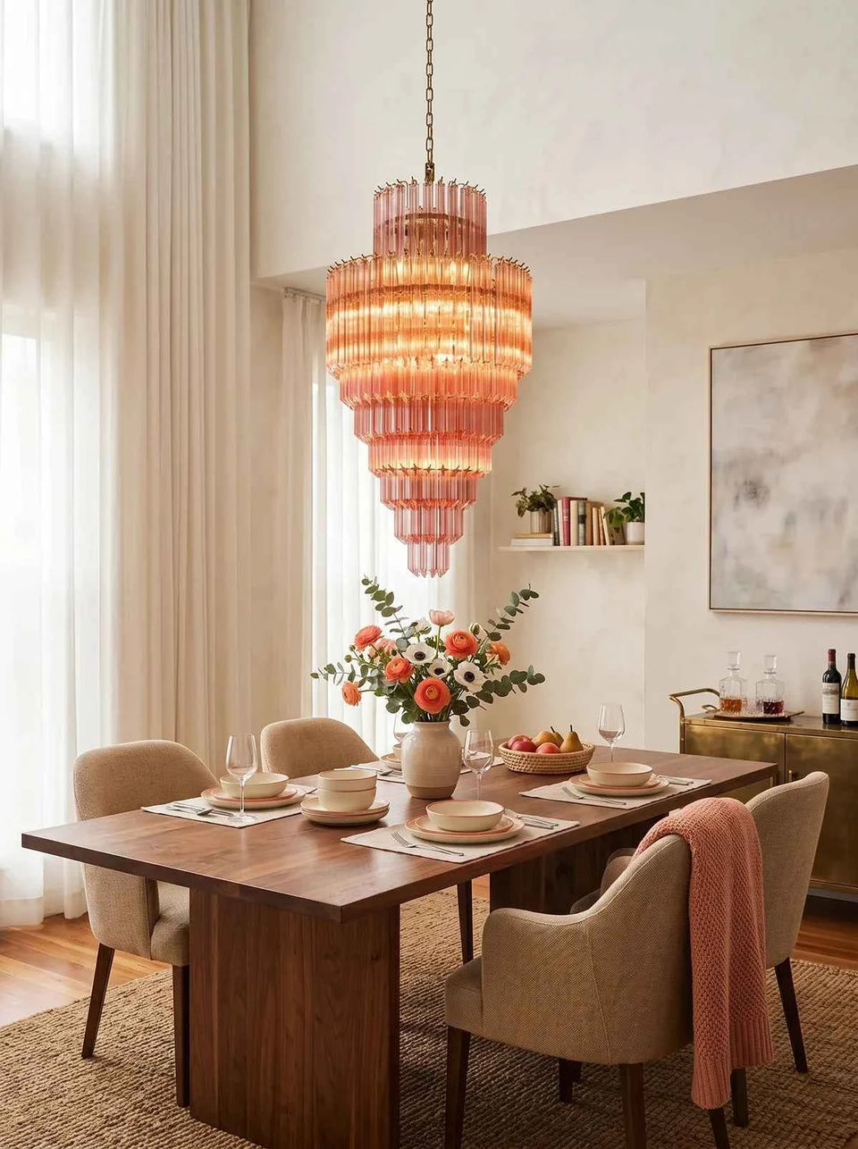 Pink Tiered Fluted Glass Waterfall Chandelier