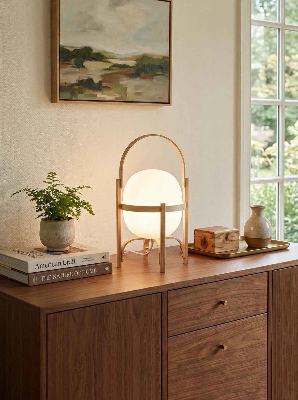 Portable Wood Lantern Glass Table Lamp