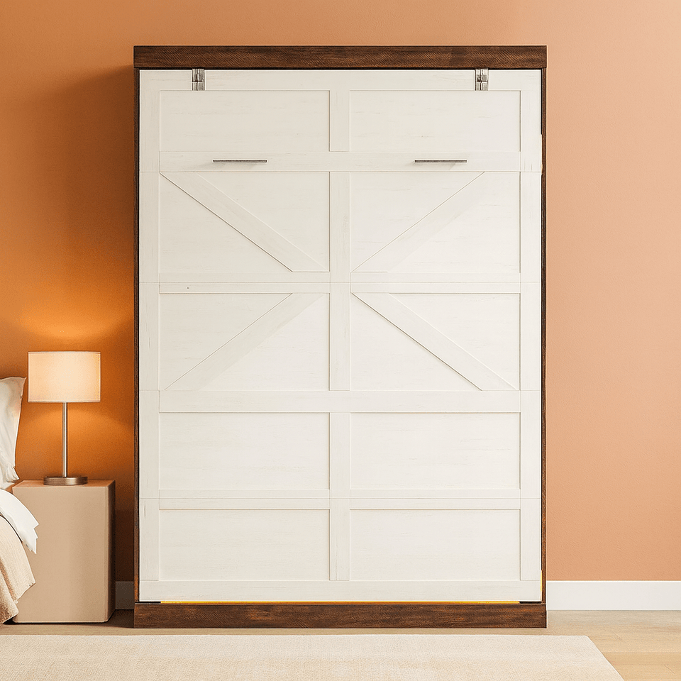 Queen Size Murphy Bed With LED Lights Rustic White Finish
