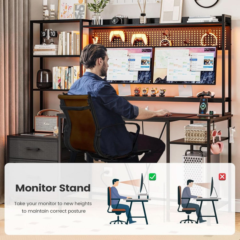 Reversible Gaming Desk with Power Outlets and LED Light