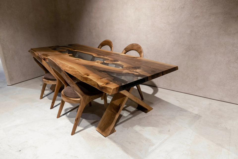 Live Edge Rustic, Epoxy Resin River Dining Room Table Made of Walnut