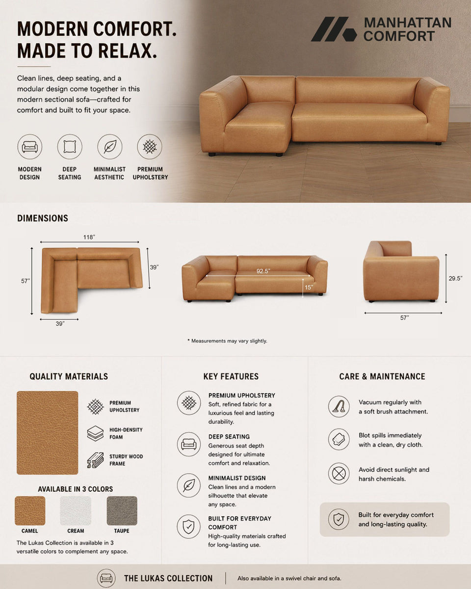 Lukas 118 inch Left-Facing Sectional Sofa in Camel - infographic   branded 1