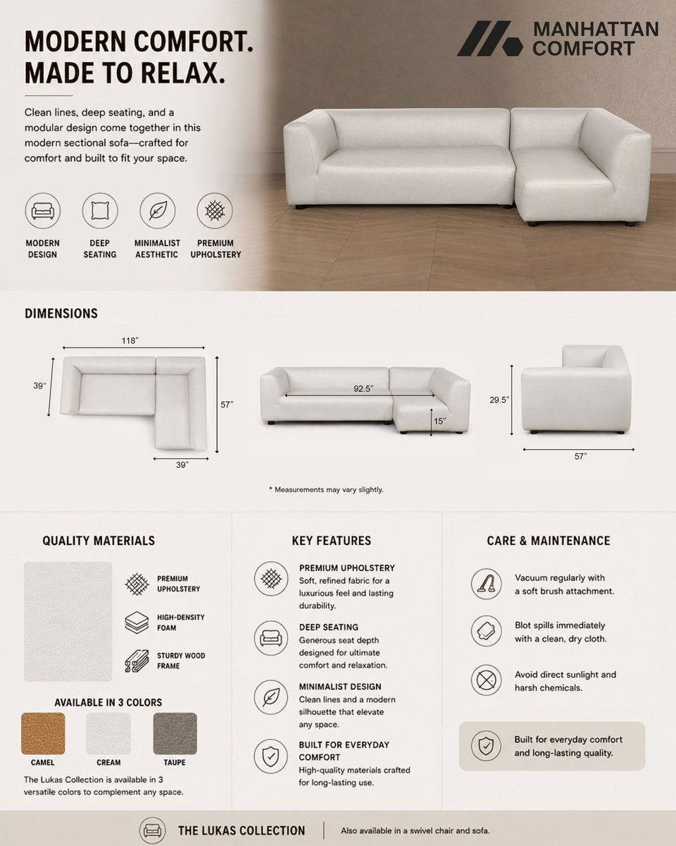 Lukas 118 inch Right-Facing Sectional Sofa in Cream - infographic   branded 1