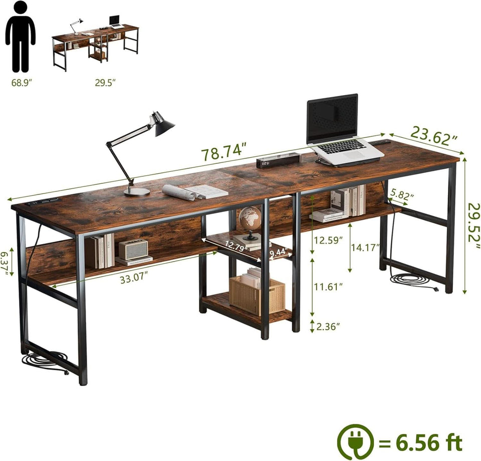 Spacious Two Person Desk with Power Strips and Shelves