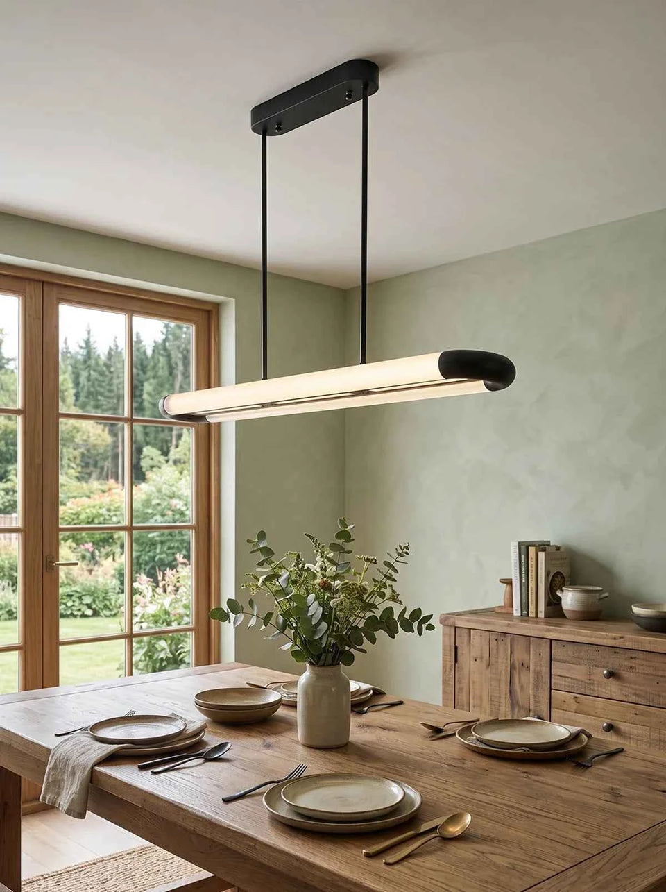 steel pendant light - side angle view