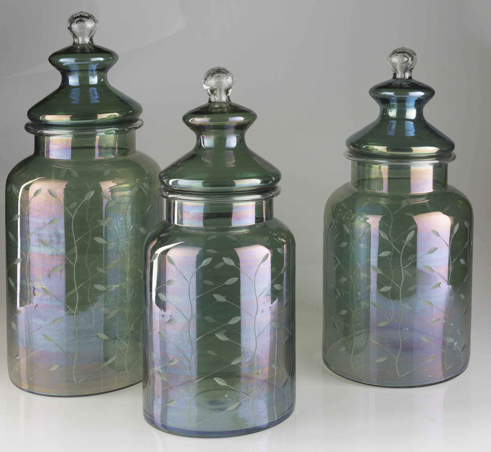 Stewartville Green Etched Glass Jar - Clearance