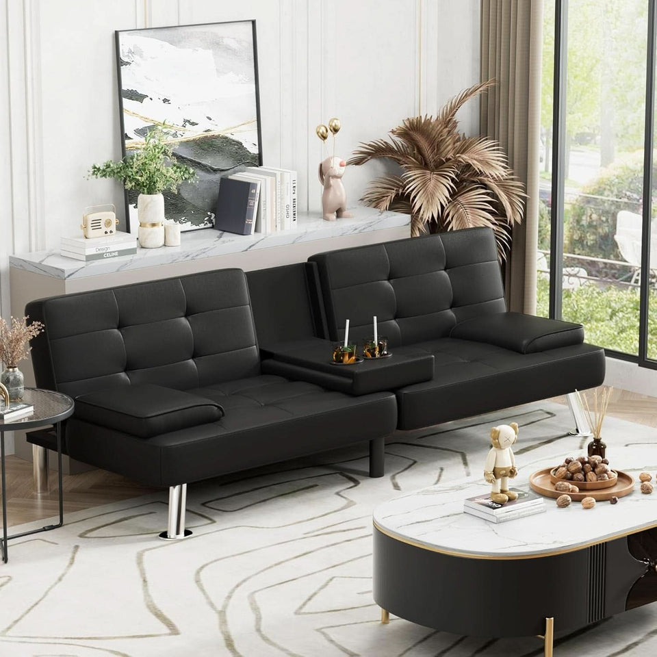 Black Leather Futon Sofa Bed With Adjustable Armrests And Cup Holders