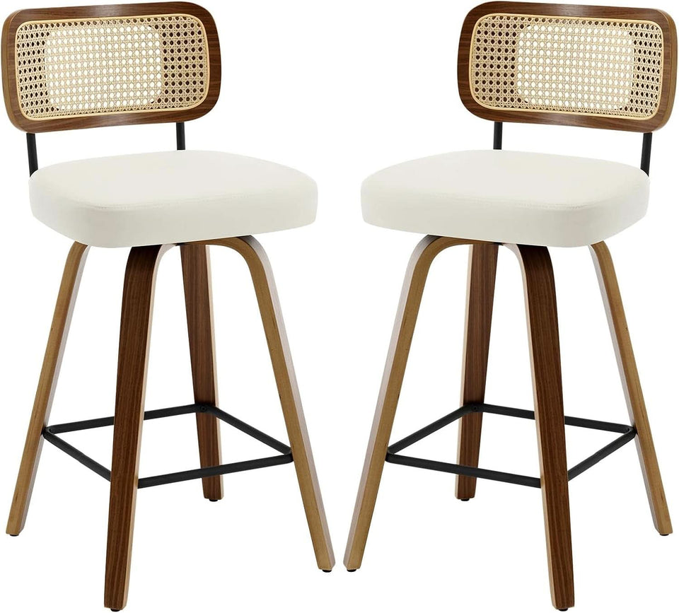 Swivel Counter Height Bar Stools Cream White Rattan Back