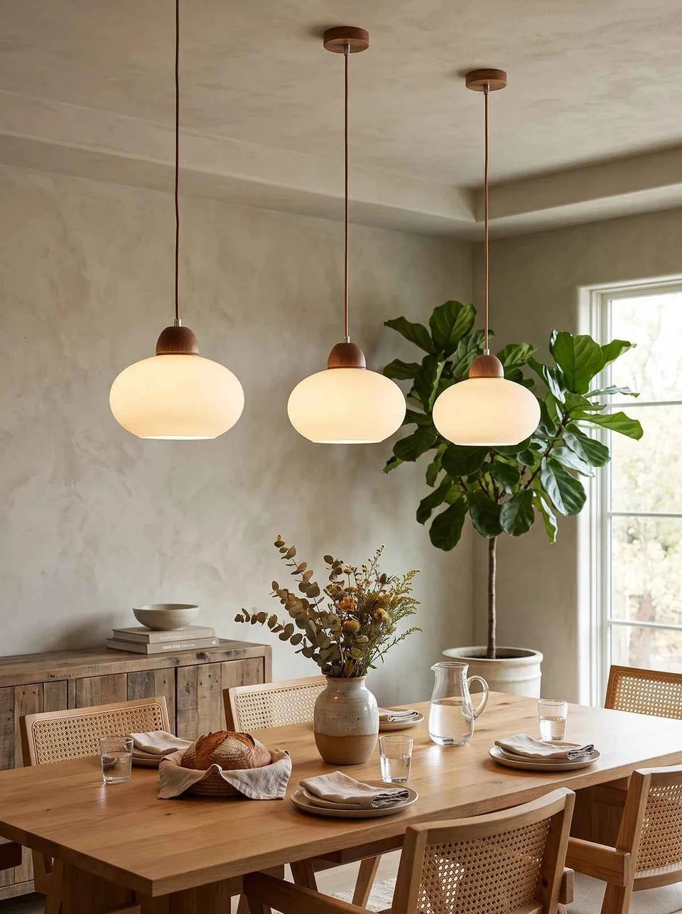 White glass pendant light - side angle view