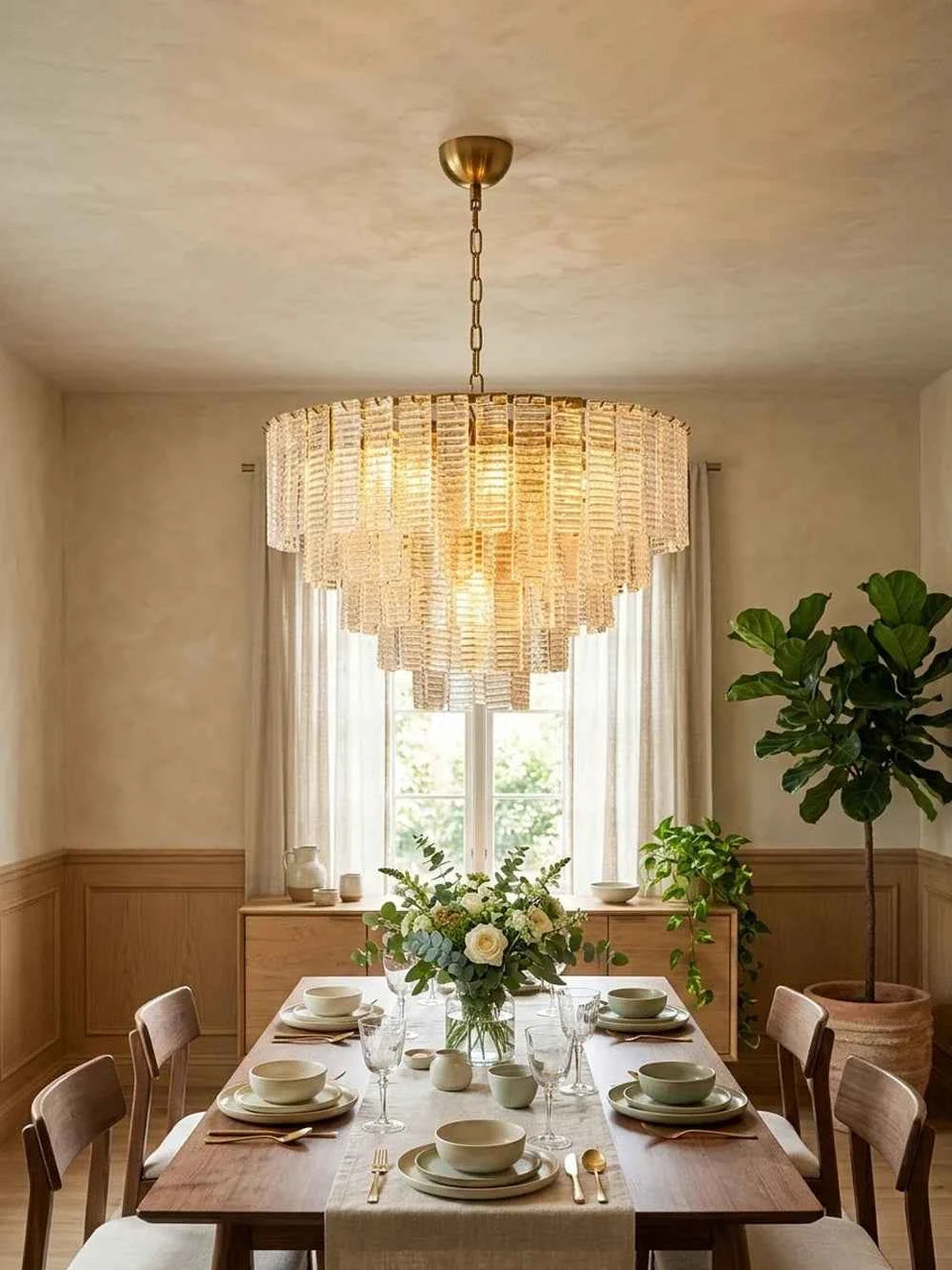 Gold + Transparent glass chandelier - side angle view
