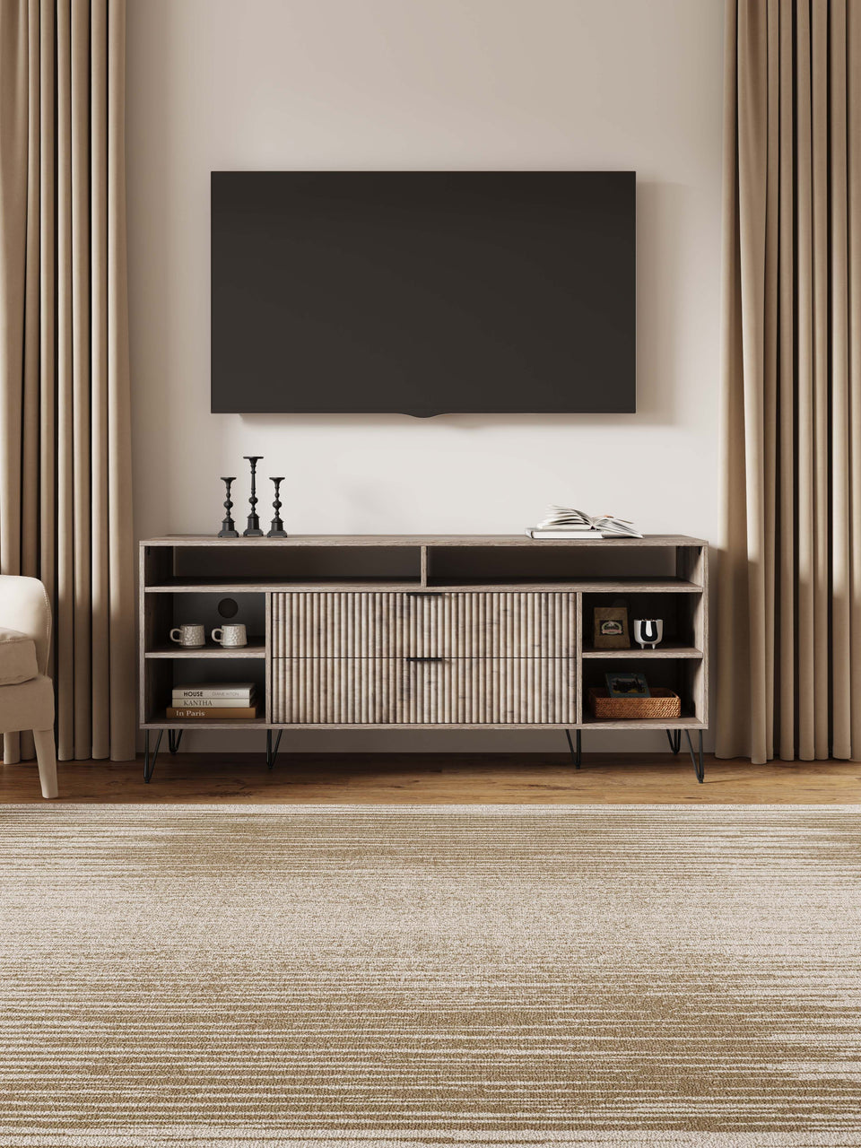 Dumbo 63" Fluted TV Stand in Rustic Grey