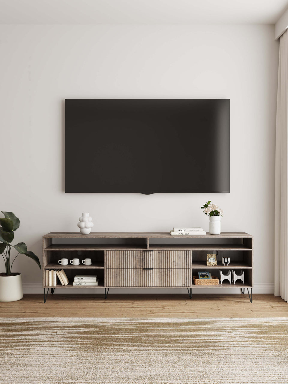 Dumbo 85" Fluted TV Stand in Rustic Grey