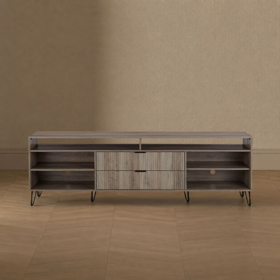 Dumbo 85" Fluted TV Stand in Rustic Grey - lifestyle   front