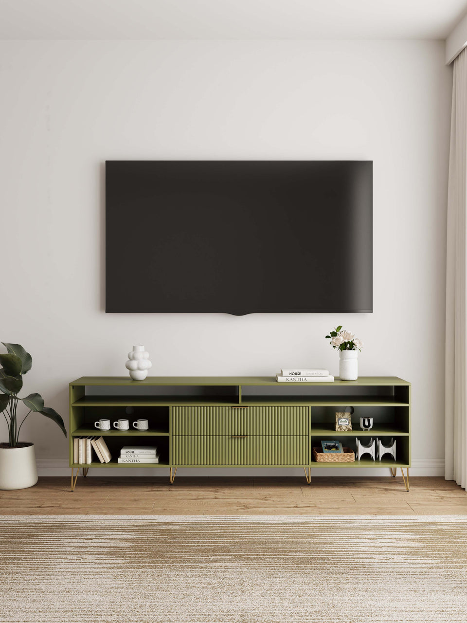 Dumbo 85" Fluted TV Stand in Olive Green