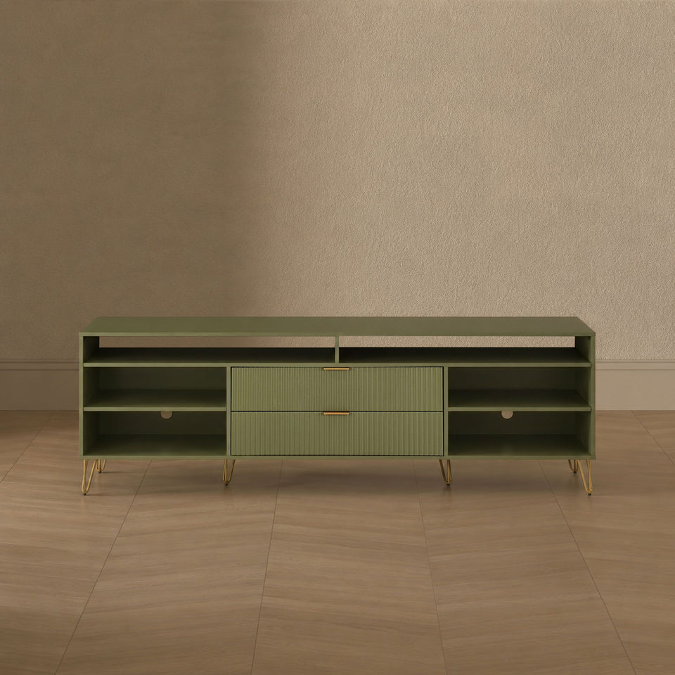 Dumbo 85" Fluted TV Stand in Olive Green - lifestyle   front 1
