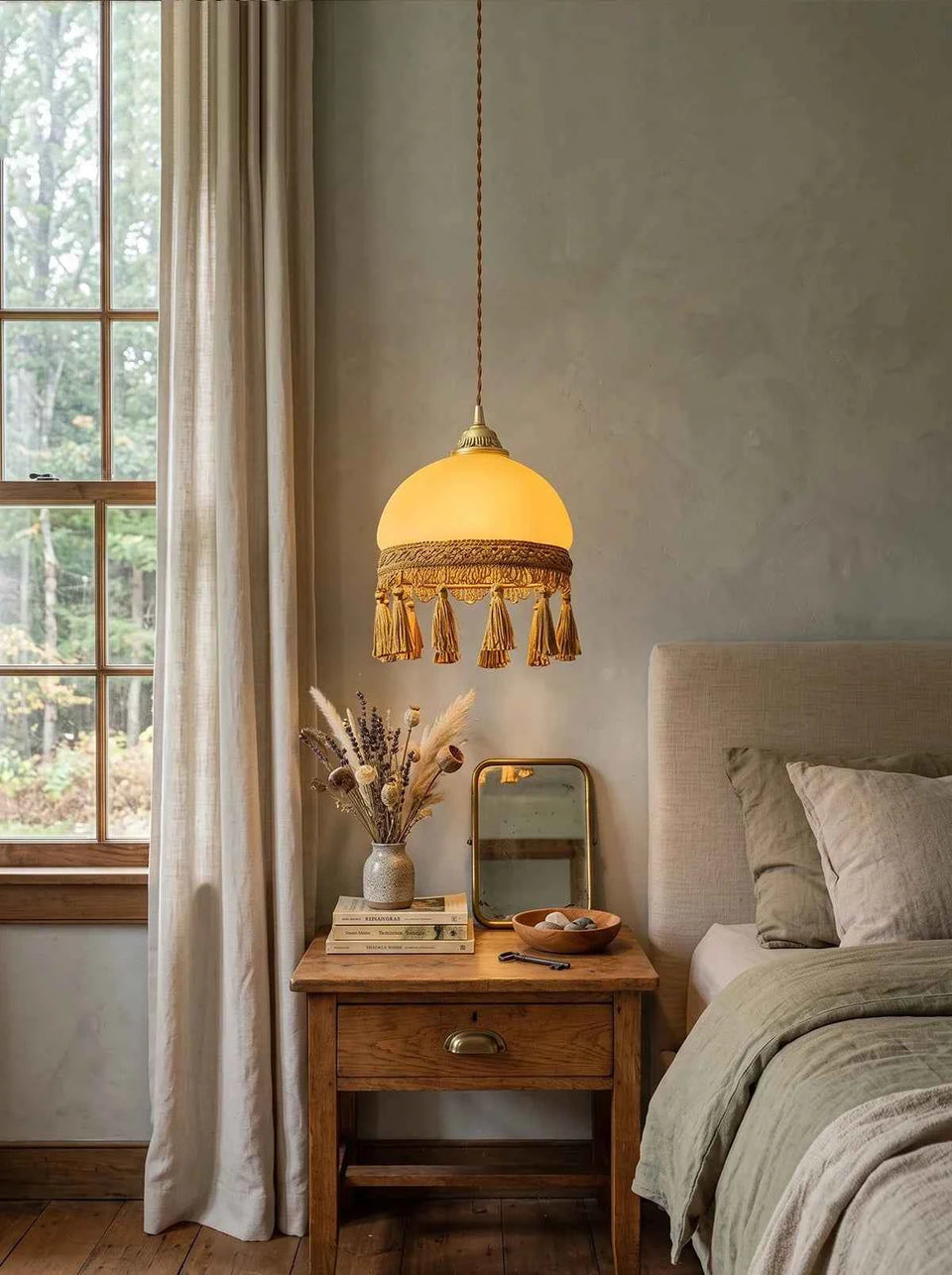 Yellow & Brown brass pendant light - side angle view