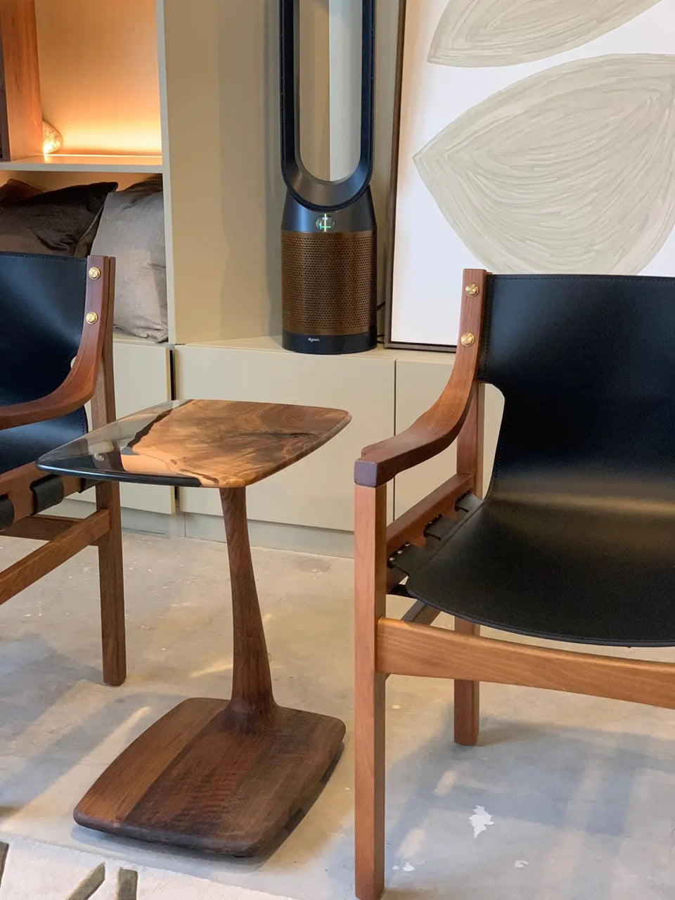 C-Shaped Walnut & Resin End Table with Wheels