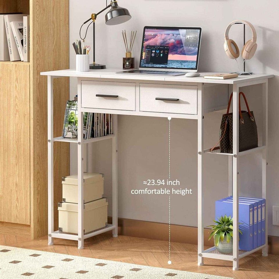 White Computer Desk 37.3 Inch With Drawers And Storage Shelves