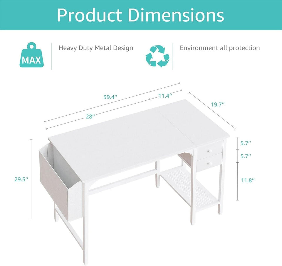 White 40 Inch Computer Desk With Drawers For Small Space Home Office