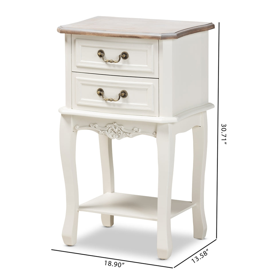 Amalie antique French country cottage two-tone white and oak finished 2-drawer wood nightstand.