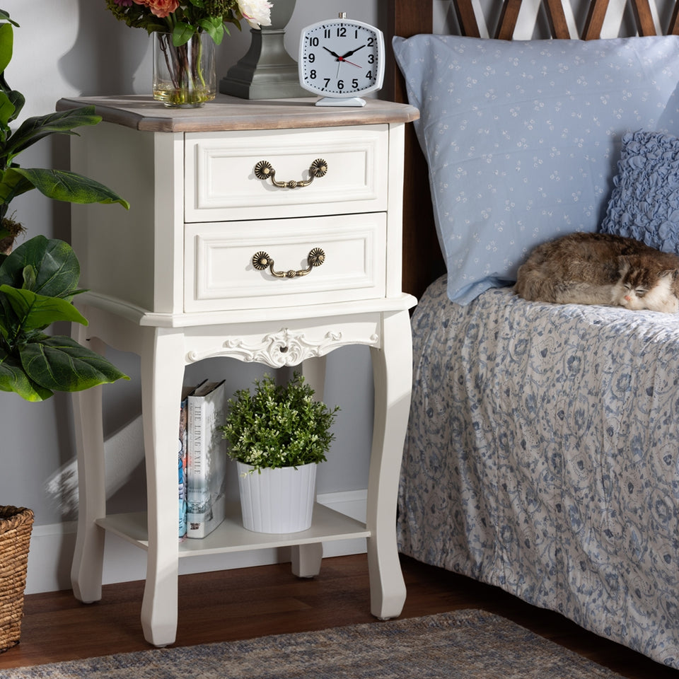 Amalie antique French country cottage two-tone white and oak finished 2-drawer wood nightstand.