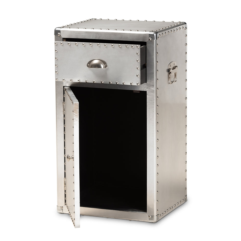 Serge french industrial silver metal 1-door accent storage cabinet.