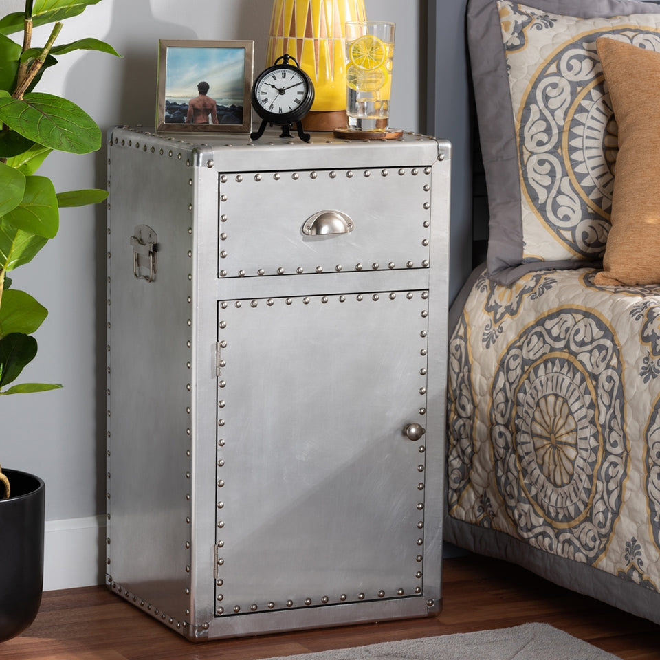 Serge french industrial silver metal 1-door accent storage cabinet.