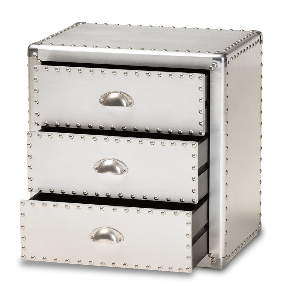 Armel French industrial silver metal 3-drawer nightstand.