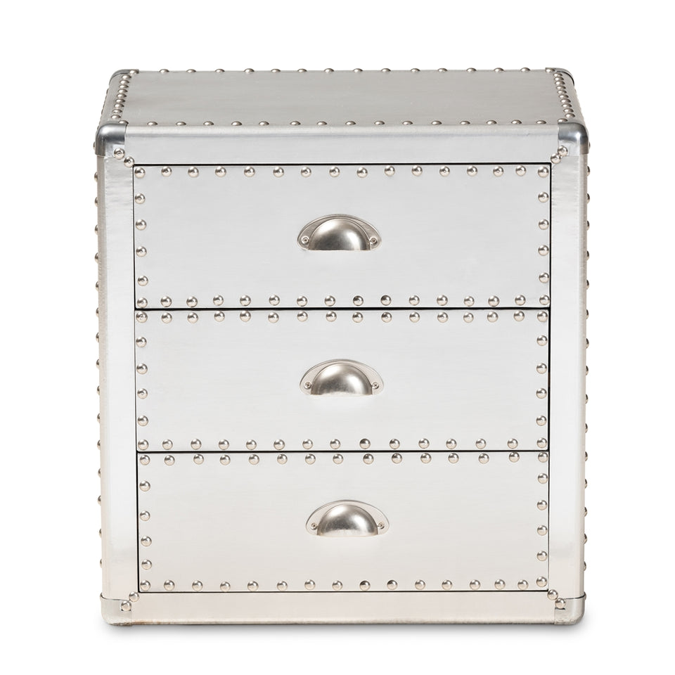 Armel French industrial silver metal 3-drawer nightstand.