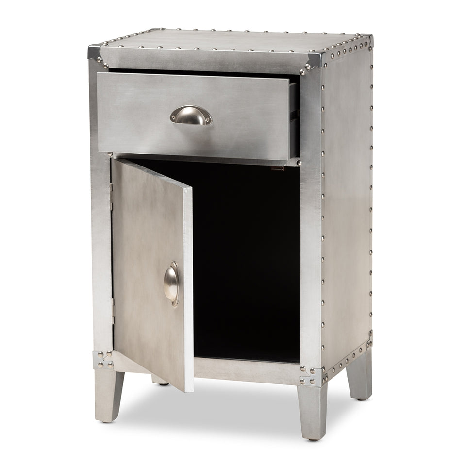 Romain french industrial silver metal 1-door accent storage cabinet.