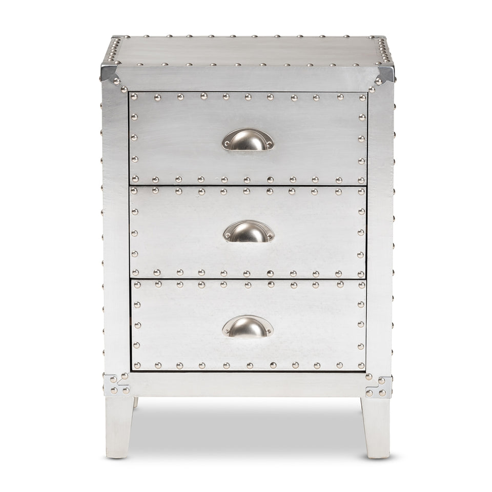 Claude French industrial silver metal 3-drawer nightstand.