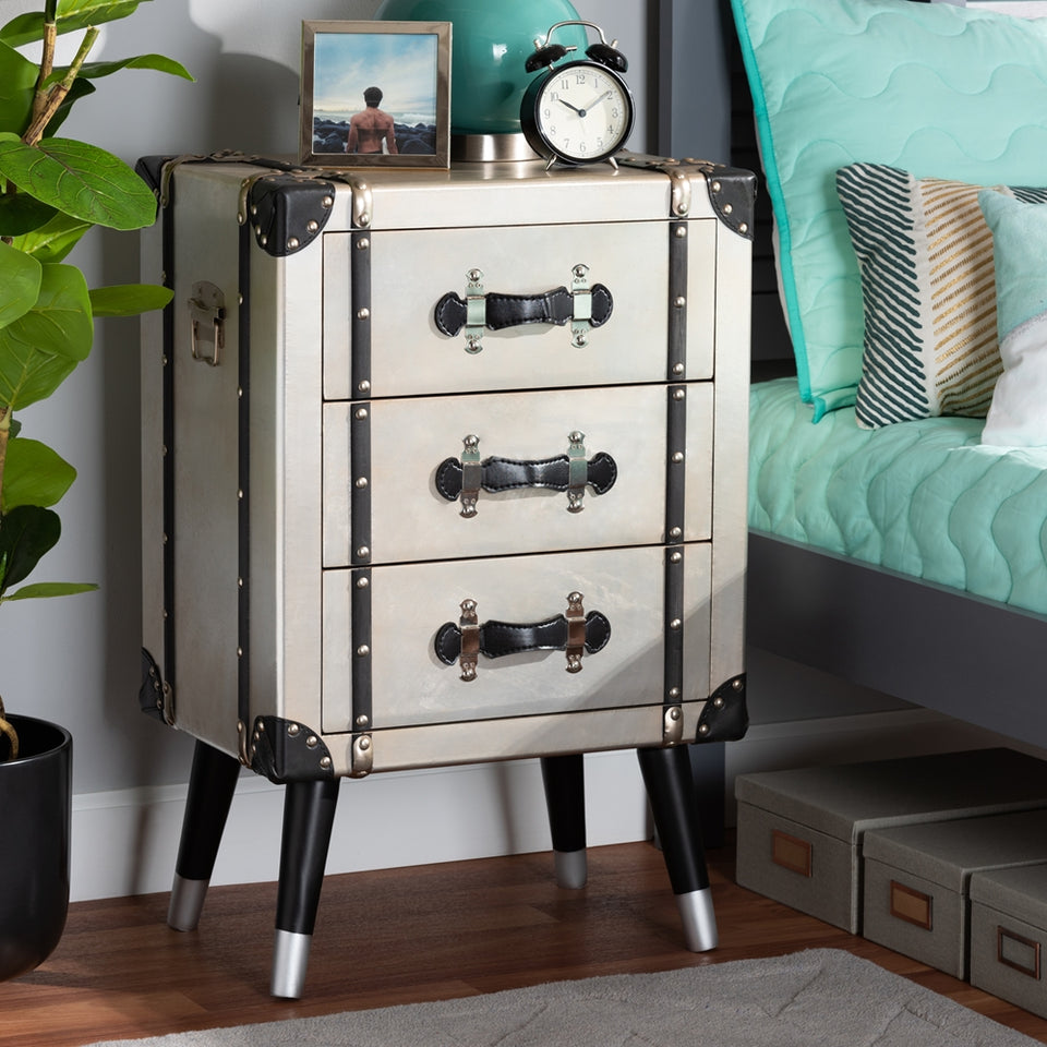 Dilan vintage industrial antique silver finished metal trunk inspired 3-drawer nightstand.