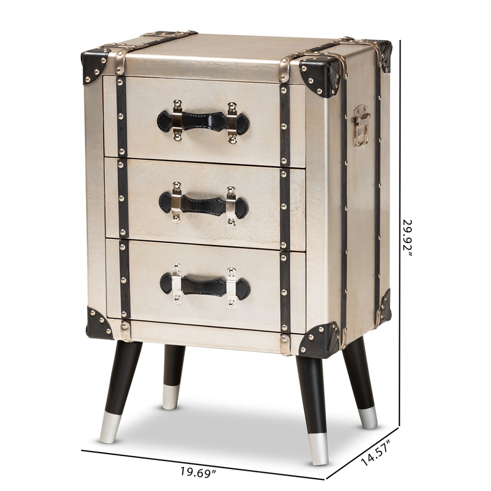 Dilan vintage industrial antique silver finished metal trunk inspired 3-drawer nightstand.