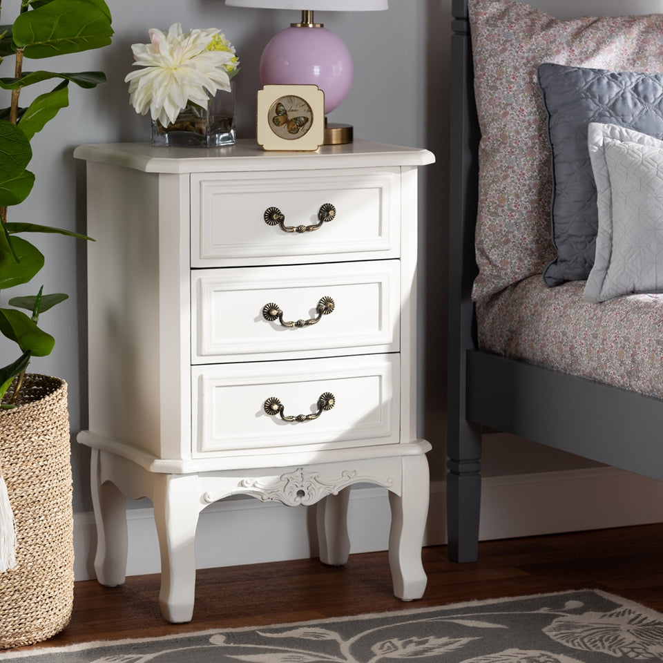 Gabrielle traditional french country provincial white-finished 3-drawer wood nightstand.