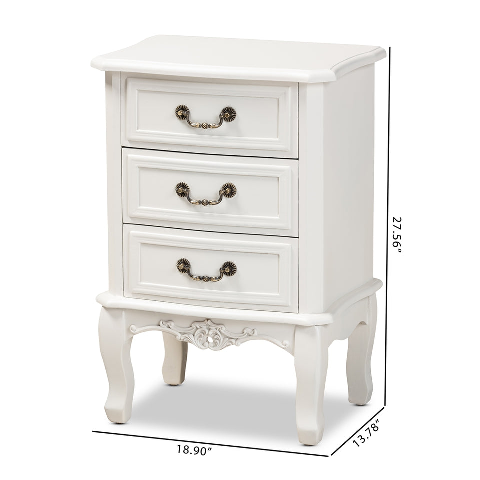 Gabrielle traditional french country provincial white-finished 3-drawer wood nightstand.