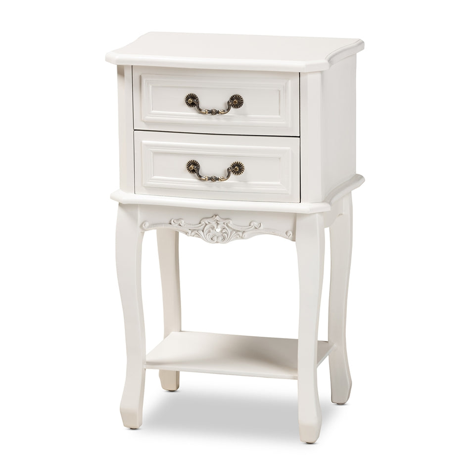 Gabrielle traditional French country provincial white-finished 2-drawer wood nightstand.